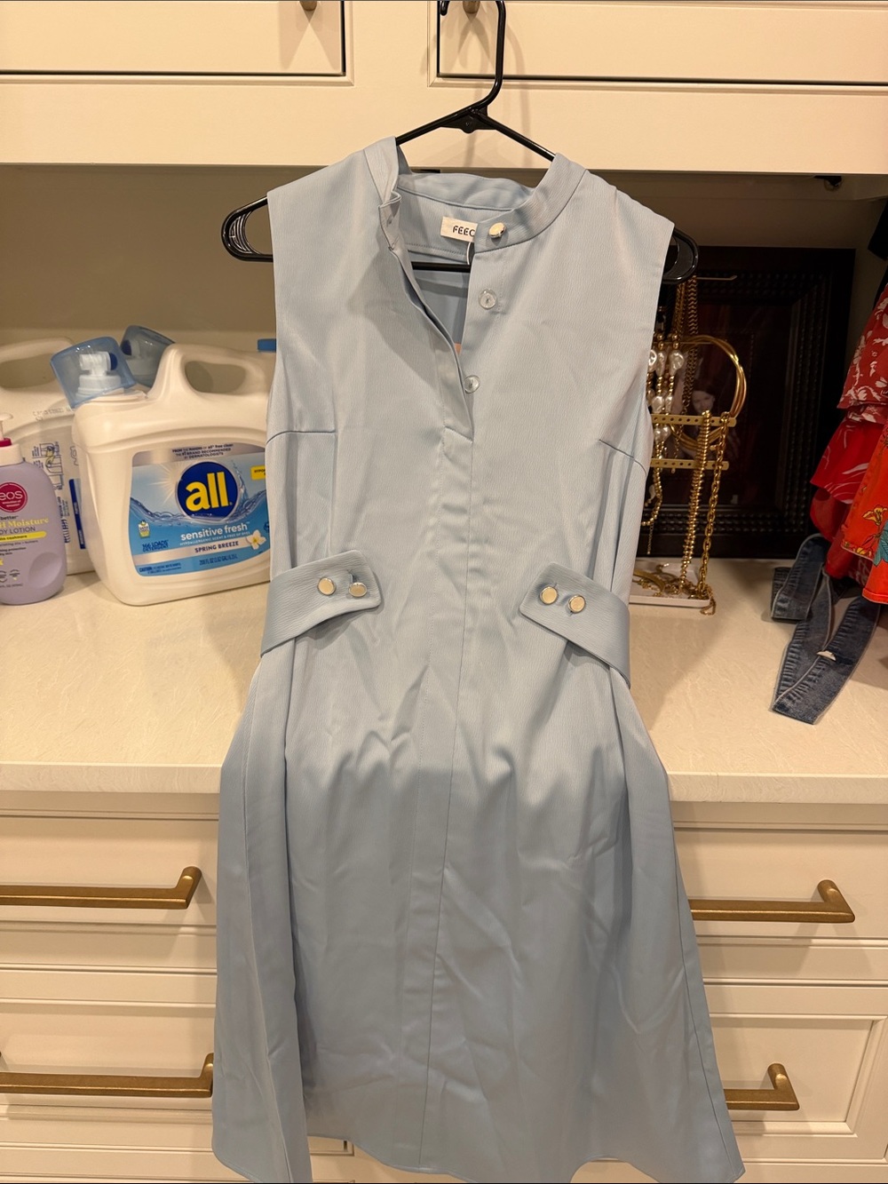FEECIEL Light Blue Sleeveless Midi Dress with Buttoned Side Tabs